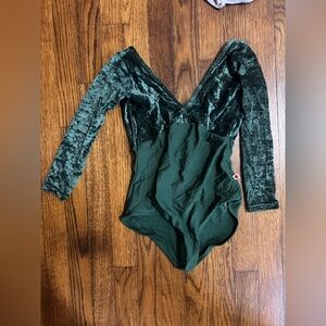 Yumiko Long Sleeve Green Velvet Leotard - Size Small